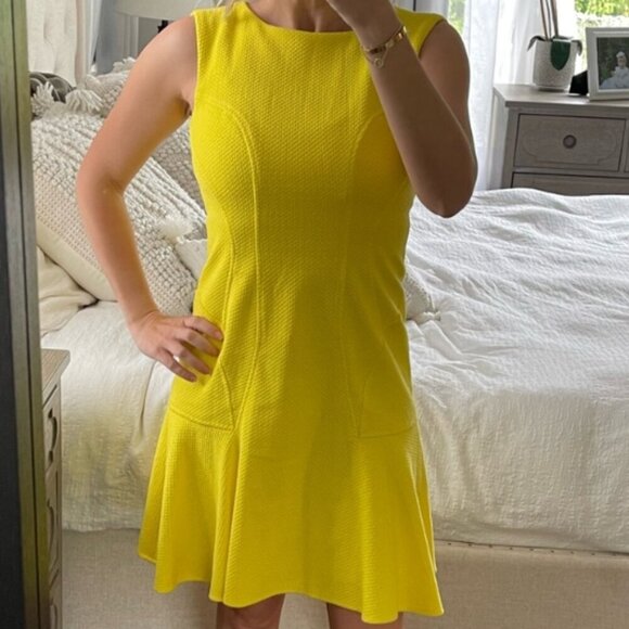 Betsey Johnson Dress - Yellow Textured Knit Stretch with Ruffle Hem - Picture 1 of 10